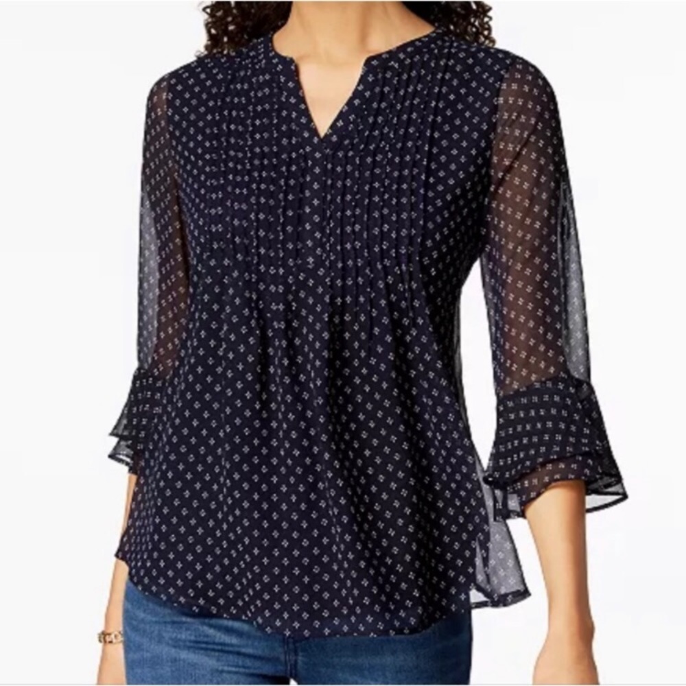 MACY’S CHARTER CLUB Floral Print Ruffle Sleeve Top Intrepid Blue Combo